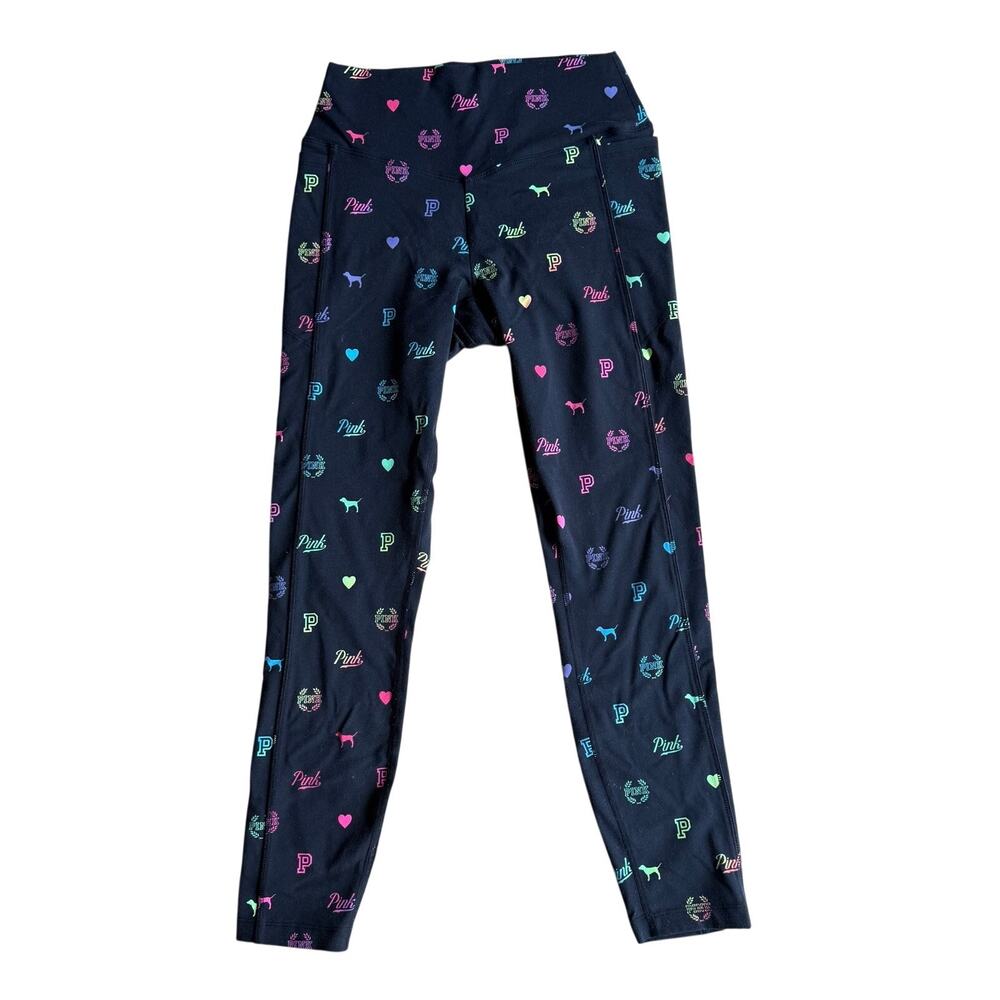 Y2K Victorias Secret PINK Ultimate Black Rainbow Logo Print Leggings Sz S